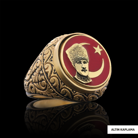 Ay Yıldız Atatürk Yüzük, Özel Tasarım Yanları Motifli Ay Yıldız Atatürk Yüzük, Gümüş Ay Yıldız Atatürk Yüzük
