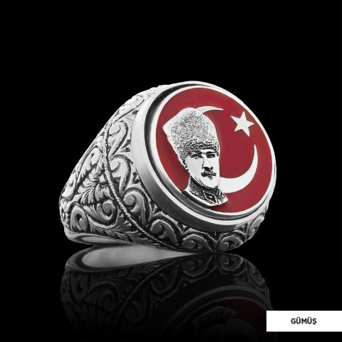 Ay Yıldız Atatürk Yüzük, Özel Tasarım Yanları Motifli Ay Yıldız Atatürk Yüzük, Gümüş Ay Yıldız Atatürk Yüzük