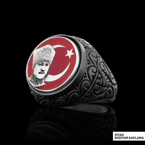 Ay Yıldız Atatürk Yüzük, Özel Tasarım Yanları Motifli Ay Yıldız Atatürk Yüzük, Gümüş Ay Yıldız Atatürk Yüzük
