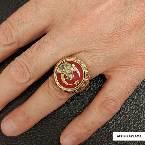 Ay Yıldız Bozkurt Yüzük, Özel Tasarım Yanları Motifli Ay Yıldız Ulu Bozkurt Yüzük, Gümüş Ay Yıldız Yalnız Kurt Yüzük