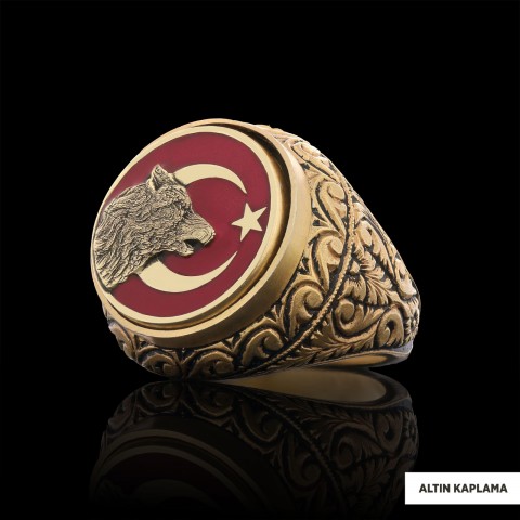 Ay Yıldız Bozkurt Yüzük, Özel Tasarım Yanları Motifli Ay Yıldız Ulu Bozkurt Yüzük, Gümüş Ay Yıldız Yalnız Kurt Yüzük