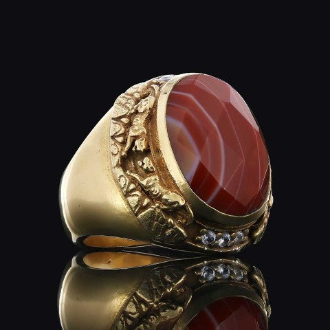 Doğal Taşlı Kımızı Akik Erkek Gümüş Yüzük, Kırmızı Akik ve Gümüşün Şıklığı ile Özel Tasarım Yüzük