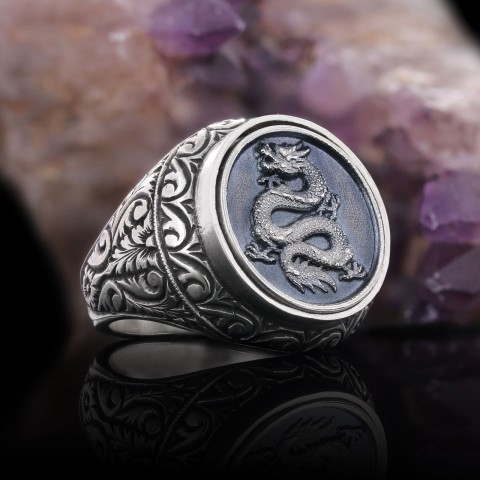 Ejderha Erkek Yüzük, Özel Tasarım Yanları Motifli Ejderha Yüzük, Gümüş Ejderha Yüzük