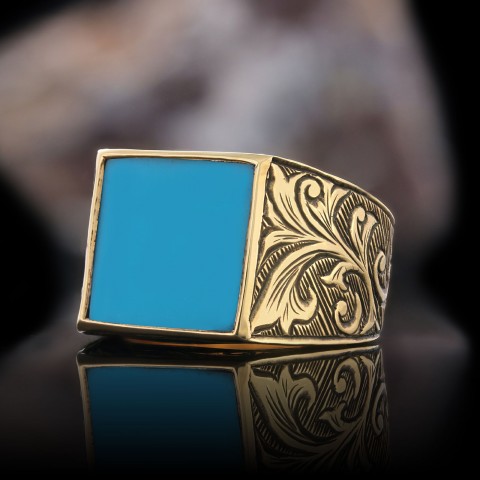 Gümüş Erkek Firuze Yüzük, Firuze Taşlı 925 Ayar Gümüş Yüzük, Firuze Yüzük