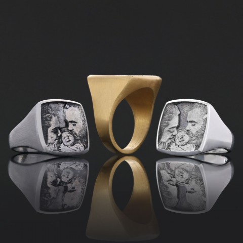Gümüş Özel Tasarım El Yapımı Kare Fotoğraflı Aile Yüzüğü