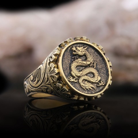 Gümüş Motifli Ejderha Yüzük, Ejderha Erkek Yüzük, 925 Ayar Gümüş Ejderha Erkek Yüzük