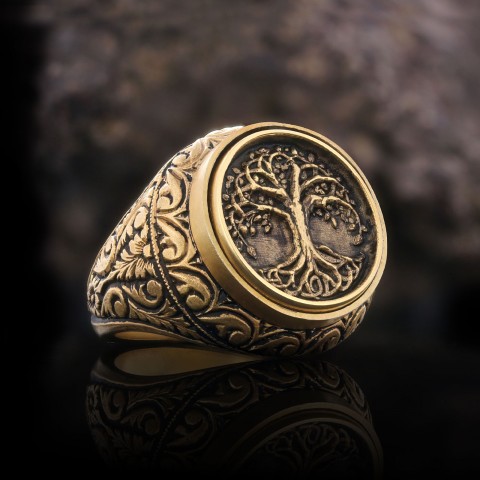 Hayat Ağacı Yüzük, Özel Tasarım Yanları Motifli Hayat Ağacı Yüzük, Gümüş Hayat Ağacı Yüzük