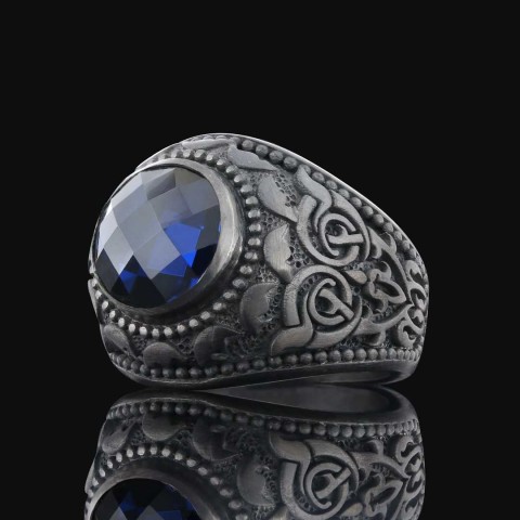 Her Tarza Uyan Safir Taşlı Yüzük Modelleri, Safir Taşlı Özel Tasarım Motifli Erkek Yüzük, Erkek Motifli Gümüş Yüzük