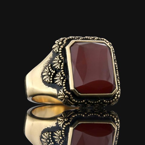 Kare Doğal Kırmızı Akik Taşlı Desenli Gümüş Yüzük, Gümüş Erkek Akik Yüzük