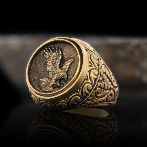 Kartal Figürlü Erkek Yüzük, Özel Tasarım Yanları Motifli Kartal Yüzük, Gümüş Kartal Yüzük