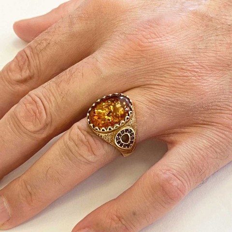 Kehribar Doğal Taşlı 925 Ayar Oval Gümüş Erkek Yüzük, Kehribar Yüzük