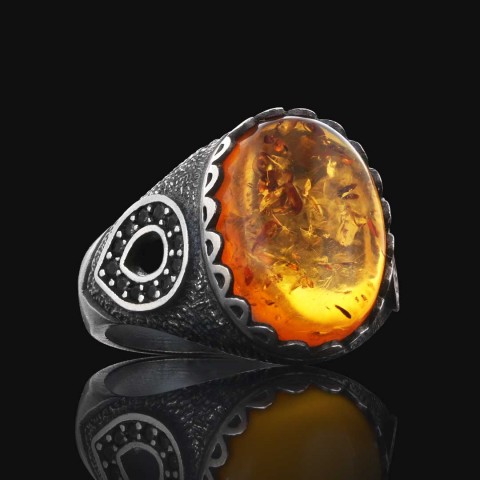 Kehribar Doğal Taşlı 925 Ayar Oval Gümüş Erkek Yüzük, Kehribar Yüzük