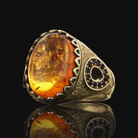 Kehribar Doğal Taşlı 925 Ayar Oval Gümüş Erkek Yüzük, Kehribar Yüzük