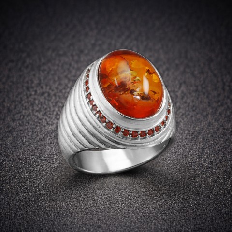 Kehribar Taşlı Erkek Gümüş Yüzük