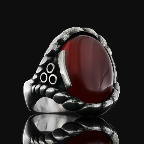 Kırmızı Akik Gümüş Yüzük, Doğal Büyük Taşlı El Yapımı Gümüş Kırmızı Akik Yüzük