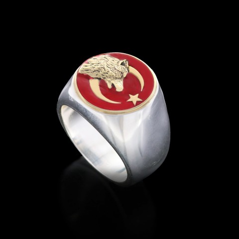 Kurt Ay Yıldız Yüzük, Gümüş Kurt Yüzük, Yuvarlak Özel Tasarım Gümüş Ay Yıldız Kurt Yüzük