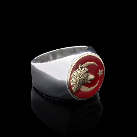 Kurt Ay Yıldız Yüzük, Gümüş Kurt Yüzük, Yuvarlak Özel Tasarım Gümüş Ay Yıldız Kurt Yüzük