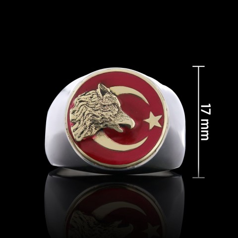 Kurt Ay Yıldız Yüzük, Gümüş Kurt Yüzük, Yuvarlak Özel Tasarım Gümüş Ay Yıldız Kurt Yüzük