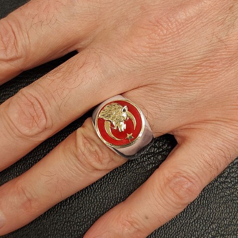 Kurt Ay Yıldız Yüzük, Gümüş Kurt Yüzük, Yuvarlak Özel Tasarım Gümüş Ay Yıldız Kurt Yüzük