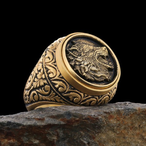 Kurt Erkek Yüzük, Özel Tasarım Yanları Motifli Kurt Yüzük, Gümüş Kurt Yüzük