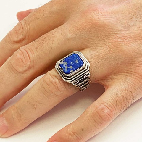 Lapis Gümüş Yüzük, Özel Tasarım El Yapımı Motifli Lapis Gümüş Yüzük