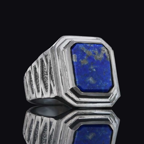 Lapis Gümüş Yüzük, Özel Tasarım El Yapımı Motifli Lapis Gümüş Yüzük