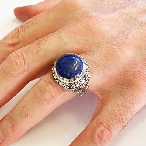 Lapis Taşlı Yüzük, Kişiye Özel Taşlı Kalem İşlemeli Lapis Taşlı Gümüş Yüzük