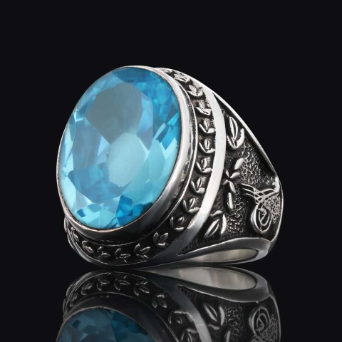 Light Blue Spinel Taşlı Tuğralı Devlet Armalı Gümüş Yüzük
