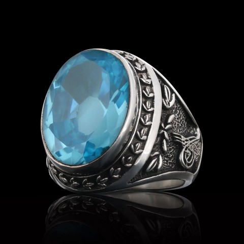 Light Blue Spinel Taşlı Tuğralı Devlet Armalı Gümüş Yüzük