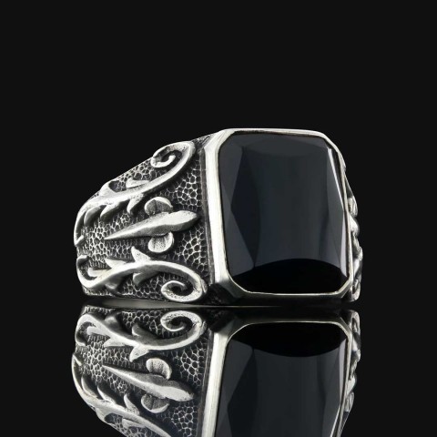 Oniks Doğal Taşlı Gümüş Yüzük, Erkek Oniks Yüzük, Oniks Gümüş Yüzük, Siyah Akik Yüzük