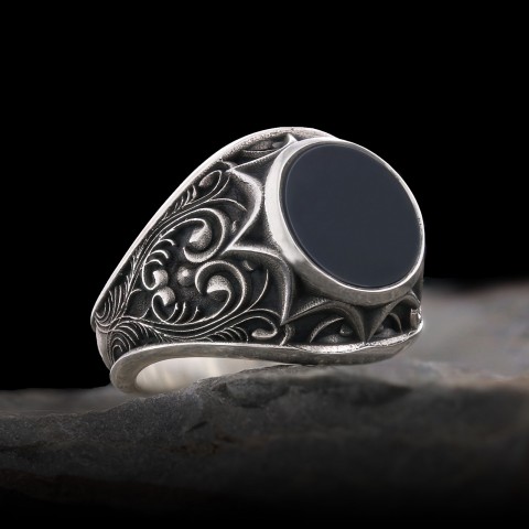 Oniks Taşlı 925 Ayar Gümüş Yüzük, Oniks Yüzük, Gümüş Erkek Oniks Yüzük