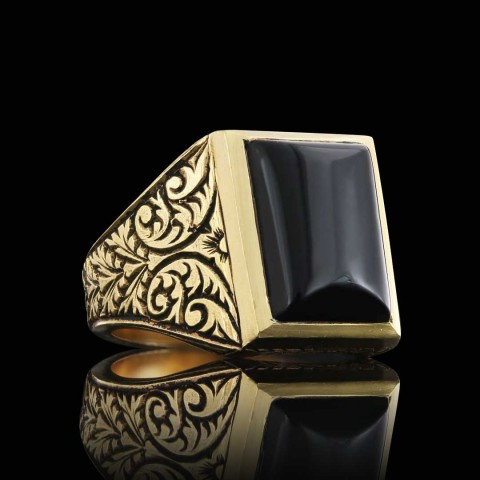 Oniks Yüzükle Kendinizi Fark Ettirin, Motifli Oniks Taşlı 925 Ayar Gümüş Erkek Yüzük, Siyah Akik Yüzük