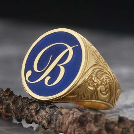 Oval Mavi Mineli Monogram B Harf Yüzük