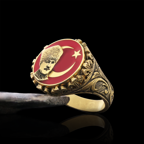 Özel Tasarım Gümüş Motifli Ay yıldız Atatürk Yüzük, Atatürk Erkek Yüzük, 925 Ayar Gümüş Ay yıldız Atatürk Erkek Yüzük