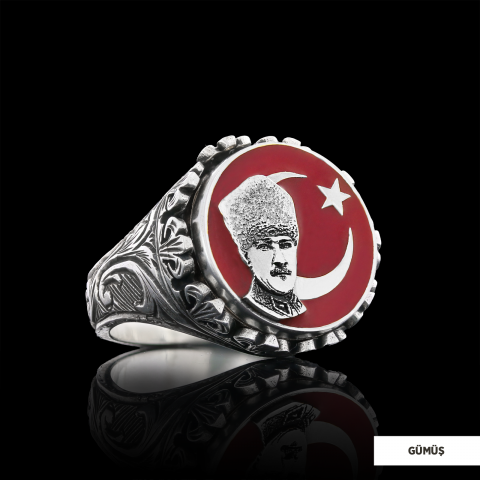 Özel Tasarım Gümüş Motifli Ay yıldız Atatürk Yüzük, Atatürk Erkek Yüzük, 925 Ayar Gümüş Ay yıldız Atatürk Erkek Yüzük