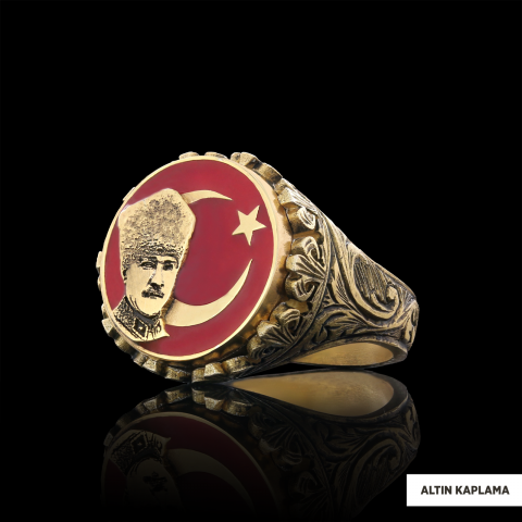 Özel Tasarım Gümüş Motifli Ay yıldız Atatürk Yüzük, Atatürk Erkek Yüzük, 925 Ayar Gümüş Ay yıldız Atatürk Erkek Yüzük