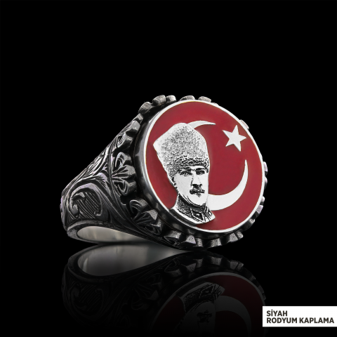 Özel Tasarım Gümüş Motifli Ay yıldız Atatürk Yüzük, Atatürk Erkek Yüzük, 925 Ayar Gümüş Ay yıldız Atatürk Erkek Yüzük