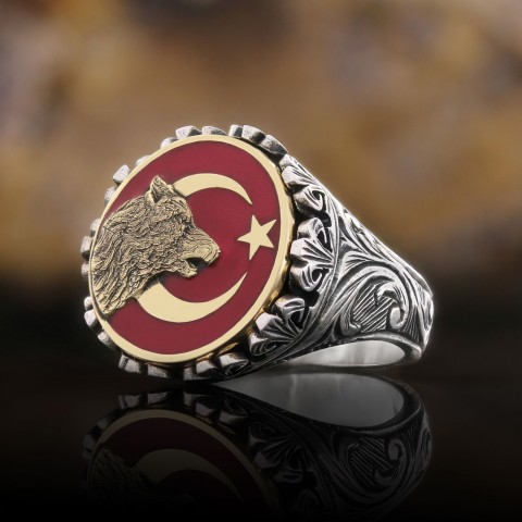 Özel Tasarım Gümüş Motifli Ay yıldız Bozkurt Yüzük, Alfa Kurt Erkek Yüzük, 925 Ayar Gümüş Ay yıldız Bozkurt Erkek Yüzük