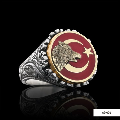 Özel Tasarım Gümüş Motifli Ay yıldız Bozkurt Yüzük, Alfa Kurt Erkek Yüzük, 925 Ayar Gümüş Ay yıldız Bozkurt Erkek Yüzük