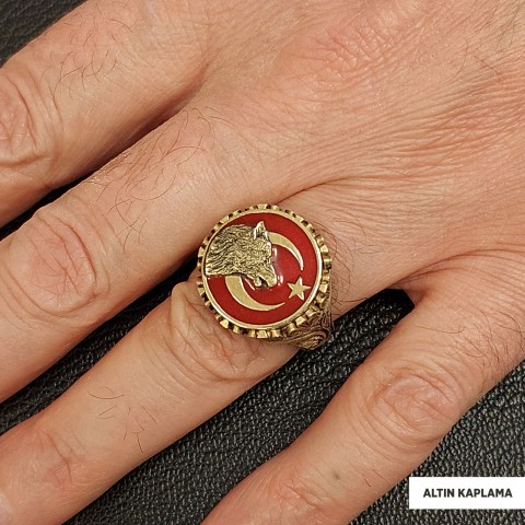 Özel Tasarım Gümüş Motifli Ay yıldız Bozkurt Yüzük, Alfa Kurt Erkek Yüzük, 925 Ayar Gümüş Ay yıldız Bozkurt Erkek Yüzük