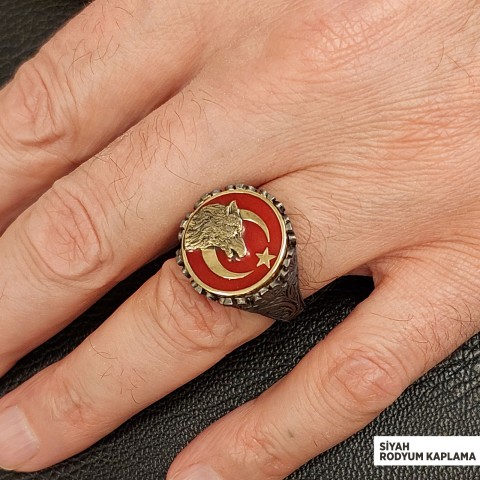 Özel Tasarım Gümüş Motifli Ay yıldız Bozkurt Yüzük, Alfa Kurt Erkek Yüzük, 925 Ayar Gümüş Ay yıldız Bozkurt Erkek Yüzük