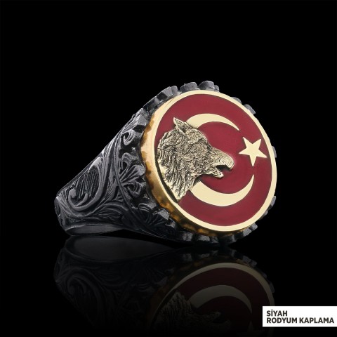 Özel Tasarım Gümüş Motifli Ay yıldız Bozkurt Yüzük, Alfa Kurt Erkek Yüzük, 925 Ayar Gümüş Ay yıldız Bozkurt Erkek Yüzük