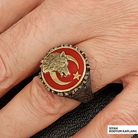 Özel Tasarım Gümüş Motifli Ay yıldız Bozkurt Yüzük, Alfa Kurt Erkek Yüzük, 925 Ayar Gümüş Ay yıldız Bozkurt Erkek Yüzük