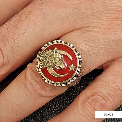 Özel Tasarım Gümüş Motifli Ay yıldız Bozkurt Yüzük, Alfa Kurt Erkek Yüzük, 925 Ayar Gümüş Ay yıldız Bozkurt Erkek Yüzük