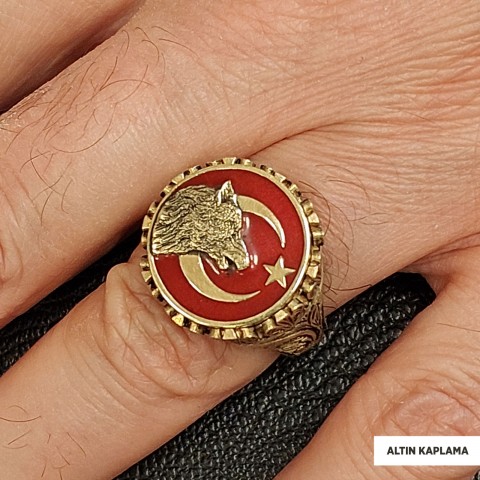 Özel Tasarım Gümüş Motifli Ay yıldız Bozkurt Yüzük, Alfa Kurt Erkek Yüzük, 925 Ayar Gümüş Ay yıldız Bozkurt Erkek Yüzük