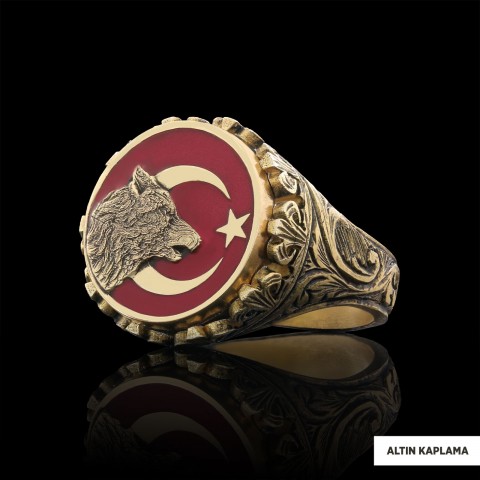 Özel Tasarım Gümüş Motifli Ay yıldız Bozkurt Yüzük, Alfa Kurt Erkek Yüzük, 925 Ayar Gümüş Ay yıldız Bozkurt Erkek Yüzük