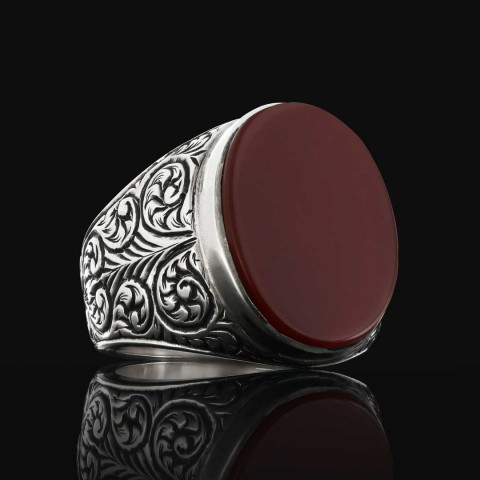 Özel Tasarım Kırmızı Akik Taşlı Erkek Gümüş Motifli Yüzük, Kırmızı Akik Taşlı Gümüş Yüzük