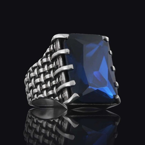 Özel Tasarım Safir Taşlı Gümüş Erkek Yüzük, Safir Taşlı Yüzük