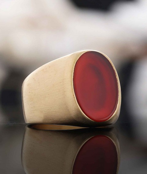 Özel Tasarım Oval Kırmızı Akik Taşlı Yüzük, Kırmızı Akik Taşlı Gümüş Yüzük, Sade Kırmızı Akik Taşlı Yüzük