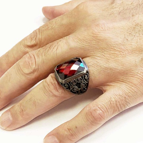 Ruby Taşlı Floral Desenli 925 Ayar Gümüş Erkek Yüzük, Ruby Taşlı Yüzük